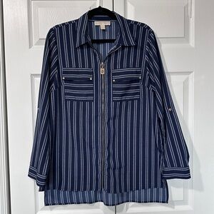 Michael Kors Navy and White Striped Button Down Shirt